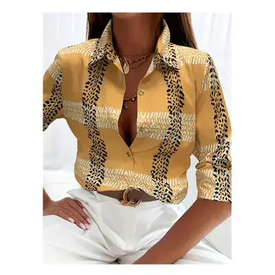 (B25SLTH2461415057, S) Boutique Pattern Printed Button Long Sleeve Women's Shirt Vintage Elegant