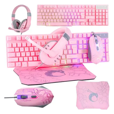 (Pink) Gaming Keyboard and Mouse Headset Headphones and Mouse pad Wired LED RGB Backlight Bundle