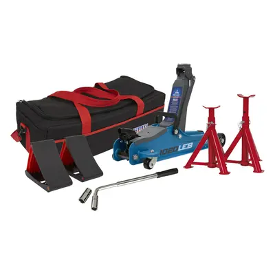 Short Chassis Trolley Jack Kit - Axle Stands & Wheel Chocks - Wrench Set - Blue