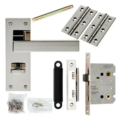 Door Handle & Bathroom Lock Pack Polished Nickel Square Lever Turn Backplate