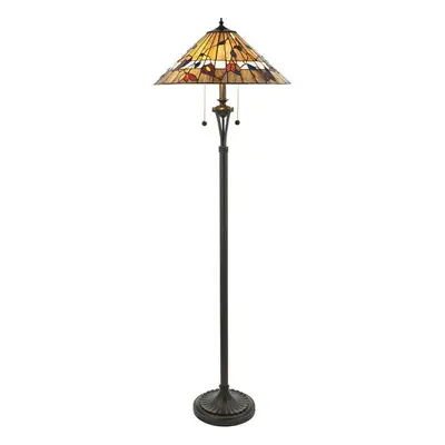 1.5m Tiffany Twin Floor Lamp Dark Bronze & Floral Stained Glass Shade i00004