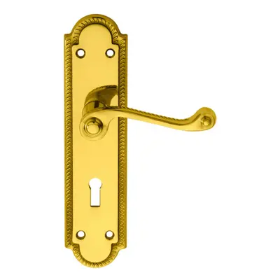 PAIR Reeded Scroll Handle on Shaped Lock Backplate x 49mm Polished Brass