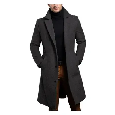 (dark gray, M) Men Solid Color Woolen Coat Autumn Winter Mid-length Windbreaker With Pockets Lap