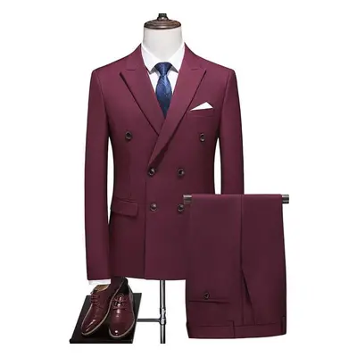 (wine red, M) Fashion Men&apos;s Business Double Breasted Solid Color Suit Coat / Male Slim Wedd