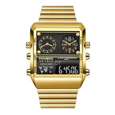 (Golden) FOXBOX New Watches For Men Luxury Brand Stainless Steel Military Wristwatch Casual Digi