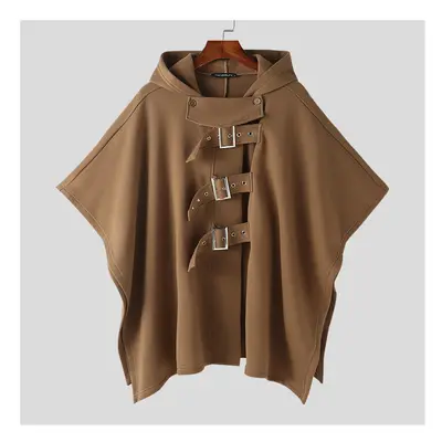 (Khaki, M) Men Cloak Coats Solid Color Hooded Button Irregular Trench Ponchos Streetwear Loose F