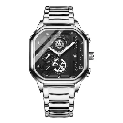 (silver) New Black Square Men&apos;s Watch Stainless Steel Multifunctional Sports Chronograph Qu