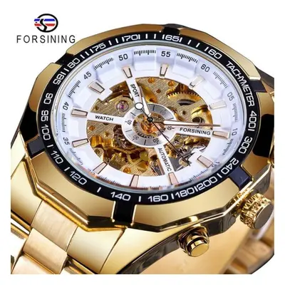 (white) Forsining Stainless Steel Waterproof Mens Skeleton Watches Top Brand Luxury Transparent 