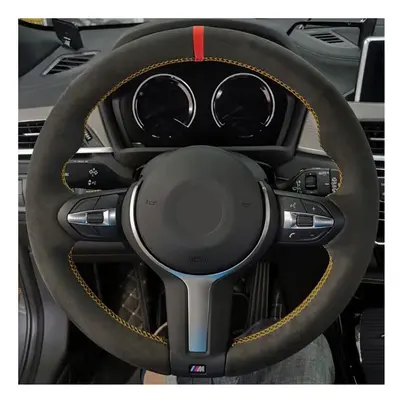 (Yellow Thread) Hand-stitched Black Suede Car Steering Wheel Cover For BMW Sport F30