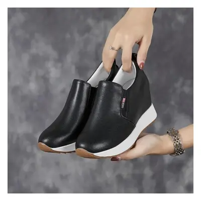 (black, 33) Fujin 7cm Genuine Leather Synthetic Boot Women Fashion Ankle Platform Wedge Heels Pu