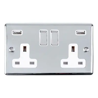 2 Gang Single UK Plug Socket & Dual 2.1A USB CHROME & White 13A Switched