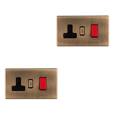 2 PACK Gang Double SCREWLESS 45A Cooker Switch & 13A UK Socket ANTIQUE BRASS