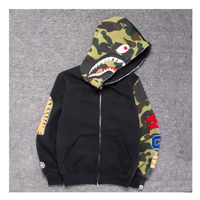 (Black, XL) A Bathing Ape Bape Camouflage Shark Unisex Teen Adult Zip Hoodies Sweatshirt