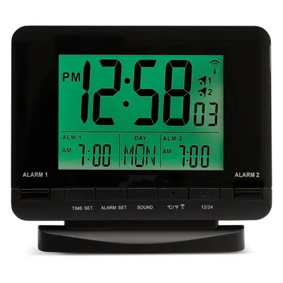 (Black) Delaware Digital Alarm Clock Radio Controlled Dual Couples Alarm Date & Temperature Disp