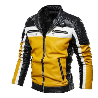 (yellow, XXXL) Men&apos;s Plush Leather Jacket Men&apos;s Trendy Motor Leather Jacket Outwear Me