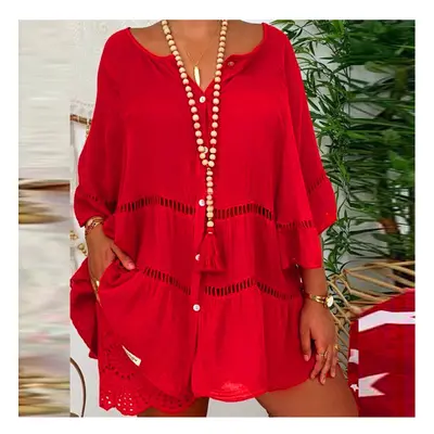 (Red, M) Summer Loose Casual Women's Tops And Blouses Three Quarter Sleeve Cotton Linen Shirts B