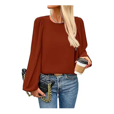 (M, Brick red) New Women's Round Neck Lantern Long Sleeved Chiffon Casual Work Shirt