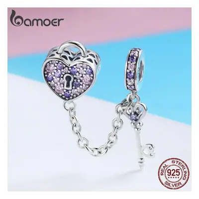 Bamoer Sterling Silver Key Of Heart Lock Crystal Cz Chain Charms Fit Charm Bracelets