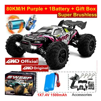 (80KM Purple 1Battery) 4WD 1:16 Super Brushless Brushed RC Car 4x4 Off Road Remote Control High 