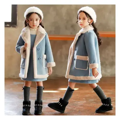 (blue, 110) Girls&apos; Coats Woolen Coats Thickened Woolen Lamb Fleece Autumn And Winter Childr