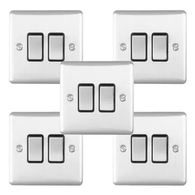 5 PACK Gang Double Metal Light Switch SATIN STEEL Way 10A Black Trim