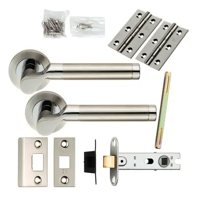 Door Handle & Latch Pack Polished & Satin Steel Cranked Bar Screwless Rose