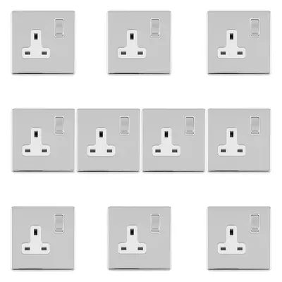 10 PACK Gang DP 13A Switched UK Plug Socket SCREWLESS POLISHED CHROME Power