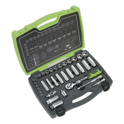 34pc PREMIUM Deep Socket & Ratchet Handle Set - 3/8" Square Drive Point Metric