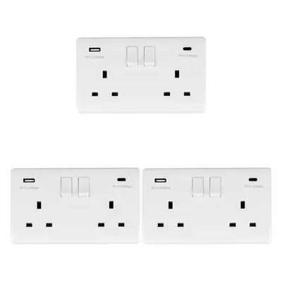 3 PACK Gang UK Plug Socket & Dual 3.1A USB-C & A WHITE PLASTIC 13A Switched