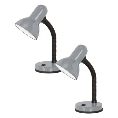 2 PACK Table Lamp Colour Flexible Silver Shade & Base In Line Switch E27 1x40W