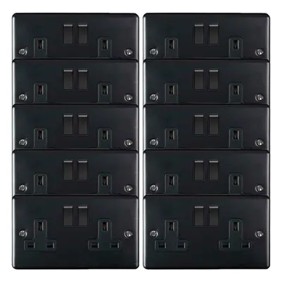 10 PACK Gang Double UK Plug Socket MATT BLACK 13A Switched Power Outlet