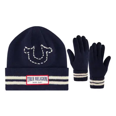 True Religion Beanie Hat and Gloves Set Cuffed Winter Knit Cap with