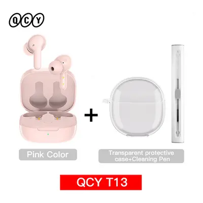 (Pink with Case Pen) QCY T13 Wireless Smart Headphone BT5.1 TWS Earphone Mic ENC HD Call