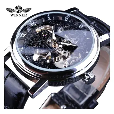 (grey) Winner Transparent Golden Case Luxury Casual Design Brown Leather Strap Mens Watches Top 