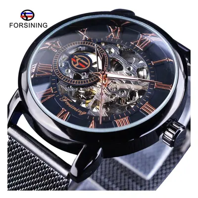 (rose gold) Forsining Retro Fashion Design Skeleton Sport Mechanical Watch Luminous Hands Transp