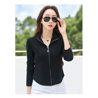 (black, XXL) #0425 Turtleneck T Shirt Women Zipper Sexy Streetwear Short T Shirt Female Solid Co