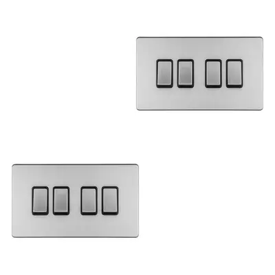 2 PACK Gang Quad Light Switch SCREWLESS SATIN STEEL Way 10A Slim Rocker