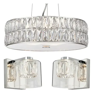 5 Bulb Ceiling Pendant & 2x Matching Wall Mount Light Chrome & Crystal Glass