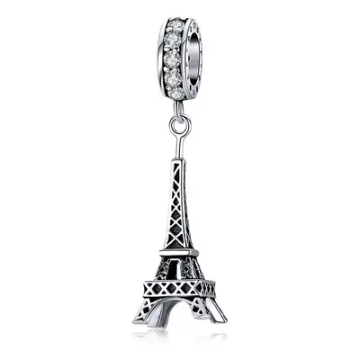 Love Paris Eiffel Tower Dangle Charm Pendant With Cubic Zirconia Genuine Sterling Silver Compati