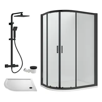 Ruwa Shower Enclosure Bundle - Offset Left Quadrant, Tray, Square Shower & Waste - White/Black -