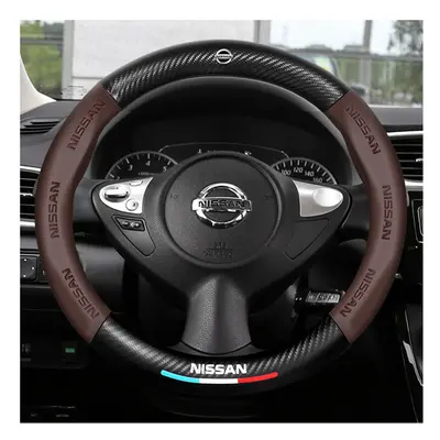 (Brown) 38cm Carbon Fiber Leather Car Steering Wheel Cover Four Seasons For Nissan