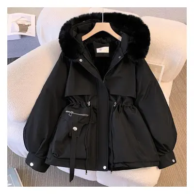 (black, M) Women Autumn Winter Fur Collar Long Sleeve Solid Color Drawstring Parka Hooded Chic W