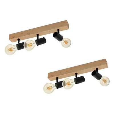 2 PACK Wall Light Colour Brown Wood Back Plate Black Bulb Holder Bulb E27 3x60W