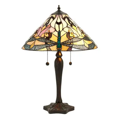 Tiffany Glass Table Lamp Light Dark Bronze & Rich Cream Dragonfly Shade i00169