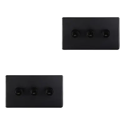 2 PACK Gang Triple Retro Toggle Light Switch SCREWLESS MATT BLACK 10A Way