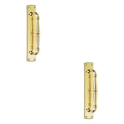 2x Cranked Ornate Door Pull Handle x 65mm Backplate Polished Brass