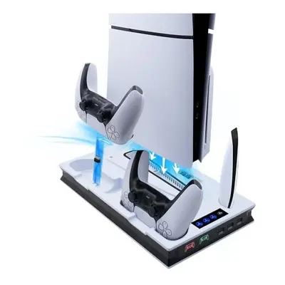 Cooling Charger Stand for PS5/PS5 Slim, Multifunctional Cooling Stand with Headset Holder, Dual 