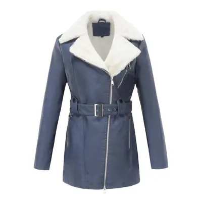 (denim blue, L) Women's Plush Jackets Faux Leather Pu Lapel Zipper Mid Length Warm Coat With Bel