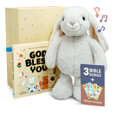 Praise Bunny Gift Set - 11-inch Plush Toy with Bible Songs - Includes Hardcover Book Stickers Ke