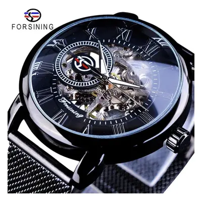 (black) Forsining Retro Fashion Design Skeleton Sport Mechanical Watch Luminous Hands Transparen